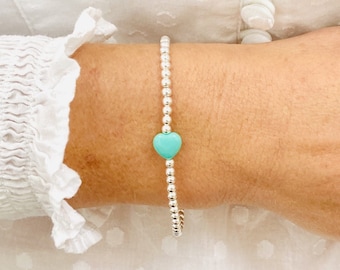 Pulsera de corazón de jade, pulsera con cuentas de plata de ley, pulsera elástica, joyería de corazón verde, joyería de cuentas de corazón, regalo de amor