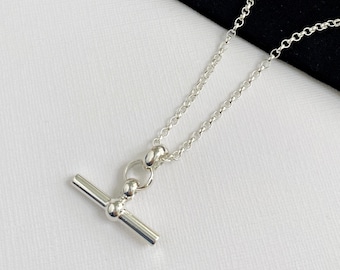 Sterling Silver T-Bar Necklace, Chunky Chain, Unisex Statement Mens Silver T Bar Necklace, Mens Necklace, Large T Bar Necklace