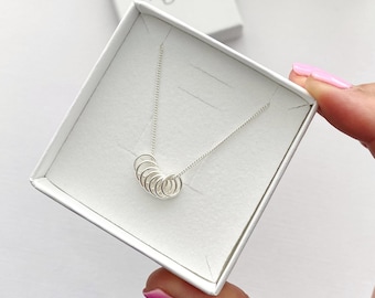 70th Birthday Necklace Seven Silver Rings, 7 Rings Necklace Sterling Silver 7 Silver Rings Necklace, Good Luck Gift, Lucky Number 7 Gift