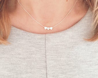 Silver Three Heart Necklace Sterling Silver Tiny Heart Necklace, Trio Heart Necklace, Everyday Necklace Love Heart Gift, Heart Bead Necklace