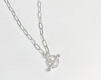 Sterling Silver T Bar Necklace, Chunky Chain Necklace Toggle Statement Chain T Bar Necklace Paperclip Chain Jewellery