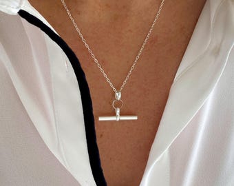 Sterling Silver T-Bar Necklace, On-Trend T Bar Jewellery, T-Bar Charm On Slim Chain
