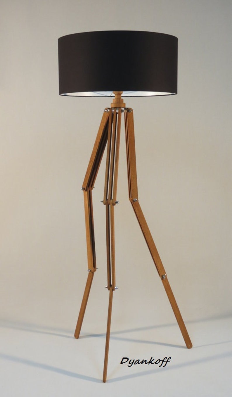 Handmade Tripod Floor Lamp Flexible Wooden Stand In Middle Dark Wood Color Drum Lampshade Diffe Colors Model Maya