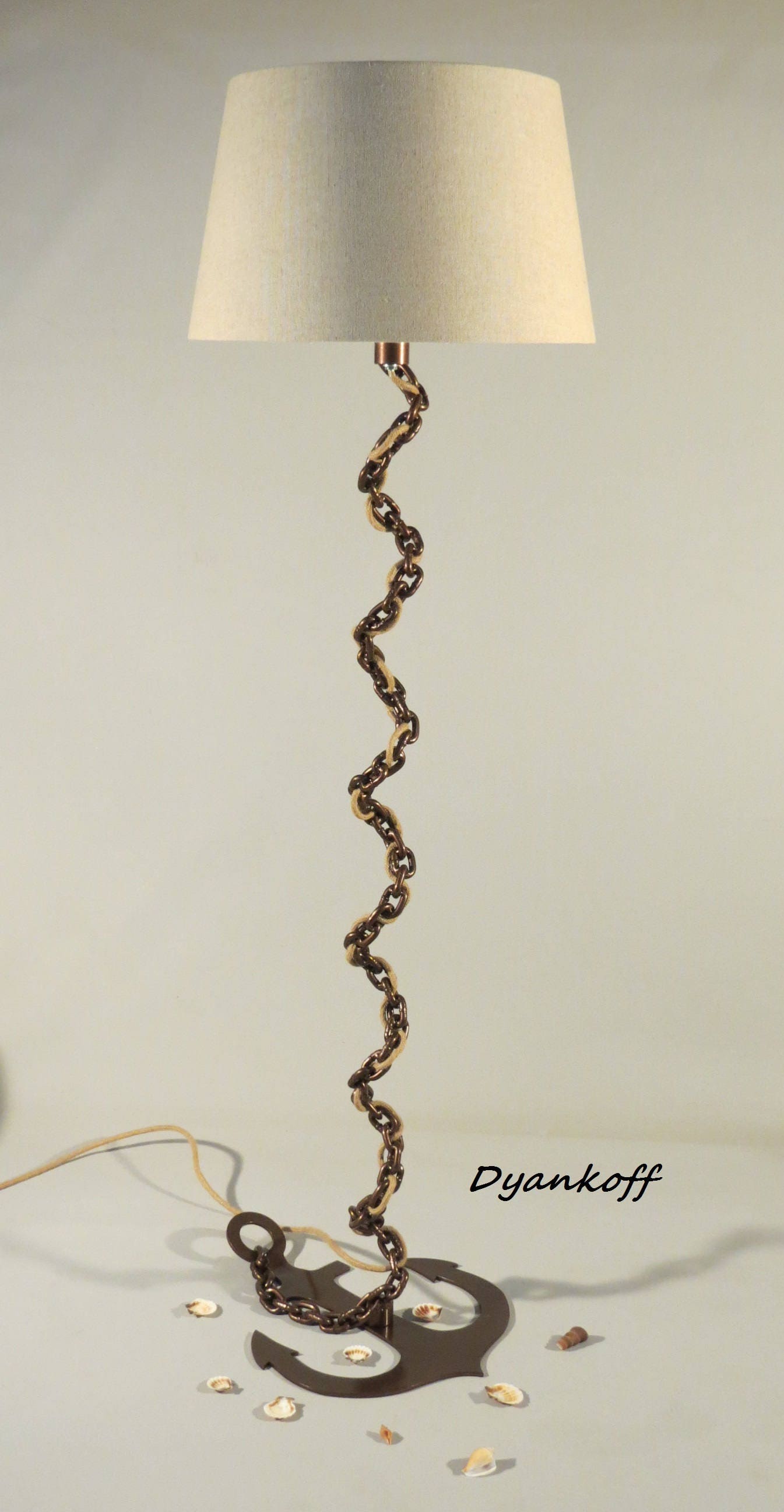 Handmade Boutique Floor Lamp With Metal Base From Chain In Copper Color Anchor As A Drum Lampshade Diffe Colors
