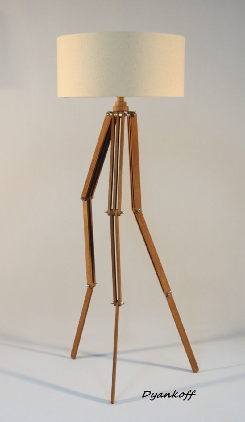 Handmade Tripod Floor Lamp Flexible Wooden Stand In Middle Dark Wood Color Drum Lampshade Diffe Colors Model Maya
