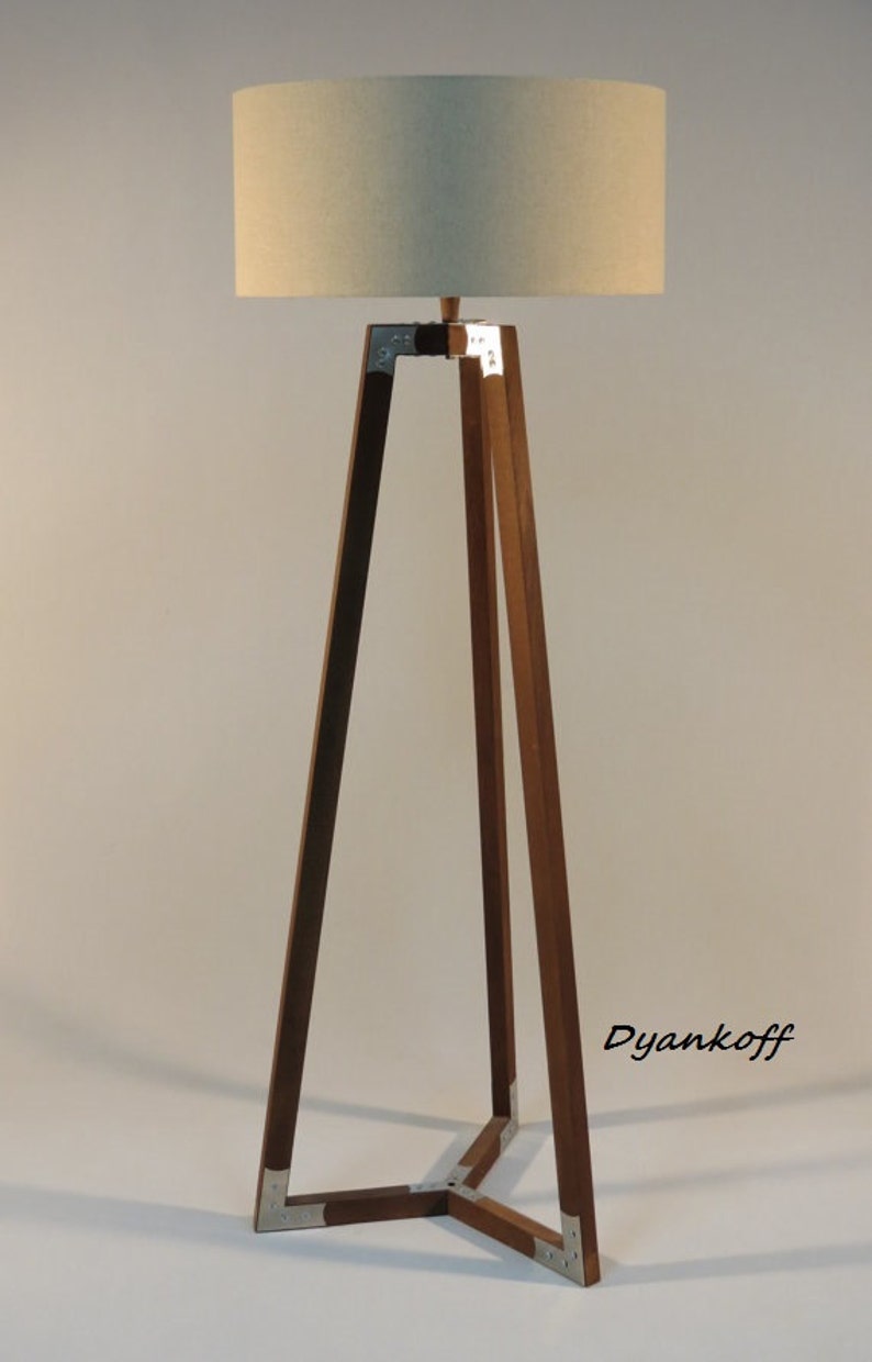 Handmade Tripod Floor Lamp Wooden Stand In Dark Wood Color With Metal Elements Drum Lampshade Diffe Colors Model Ivanina