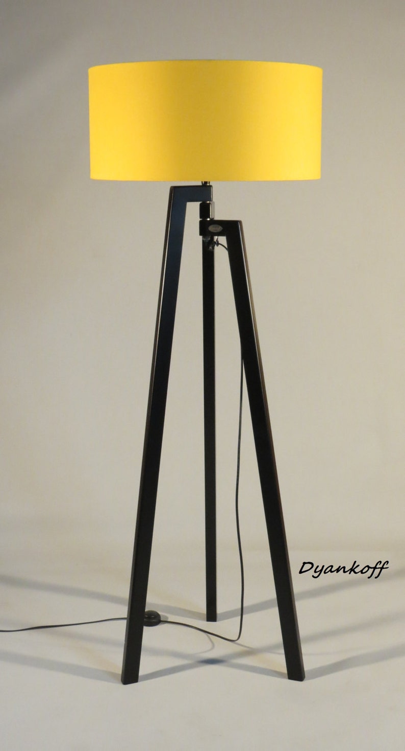Handmade Tripod Floor Lamp Unique Wooden Stand Colored In Black Matt Drum Lampshade Diffe Colors Model Zornitsa