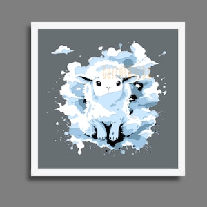 May include: A framed art print featuring a cartoon sheep with a fluffy white body and light blue accents, set against a gray background. The sheep is surrounded by cloud-like shapes and paint splatters, creating a whimsical design.