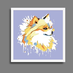 May include: A framed art print depicting a dog's head in profile, rendered in a stylized illustration. The artwork uses yellow, orange, and white against a light purple background, with paint splatter effects. The dog's fur is detailed.