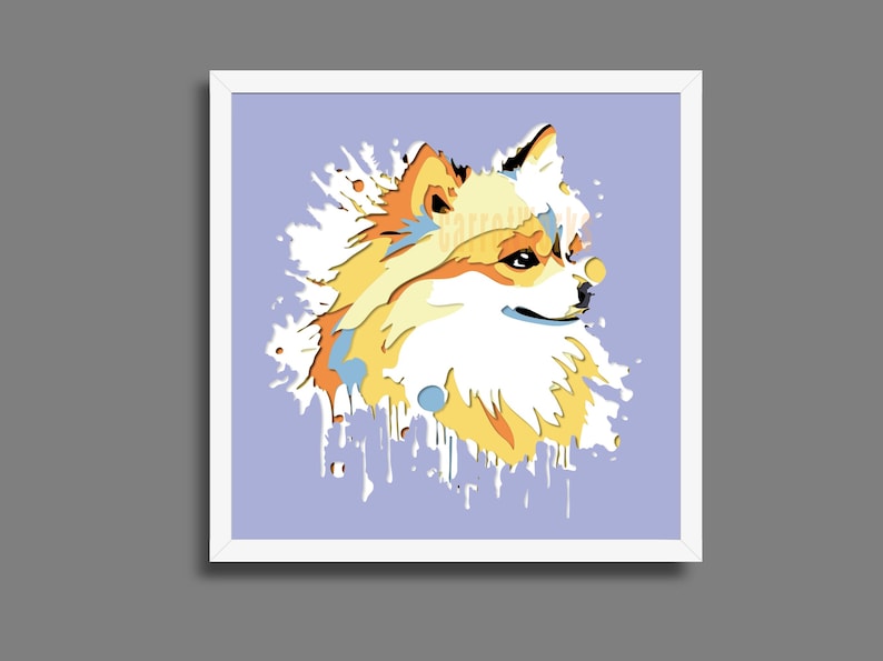 May include: A framed art print depicting a dog's head in profile, rendered in a stylized illustration. The artwork uses yellow, orange, and white against a light purple background, with paint splatter effects. The dog's fur is detailed.