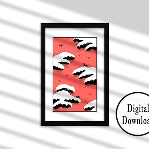 Pink Sky in Pastel Red, Watanabe Seitei, Digitally Enhanced, Japanese wood block Art, downloadable wall art Bijutsu Sekai, Printable