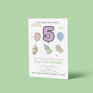 May include: A white invitation card for Dino's 5th birthday, featuring a large purple number 5 and three cartoon dinosaurs holding balloons. The text "FIVE-SAURUS IS ON THE LOOSE" is at the top. The invitation includes party details.