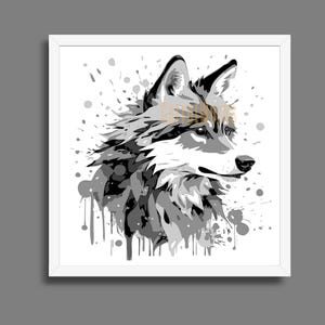 May include: A framed art print featuring a stylized wolf portrait in shades of gray, black, and white. The artwork has a watercolor effect with paint splatters and drips, creating a dynamic and modern aesthetic. The wolf is depicted in profile.
