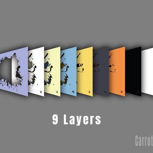 May include: A graphic design showing nine layered panels in different colours, each with a silhouette of an animal head and ink splatter effects. The text "9 Layers" is below the panels, with "CarrotWorks" in the bottom right.