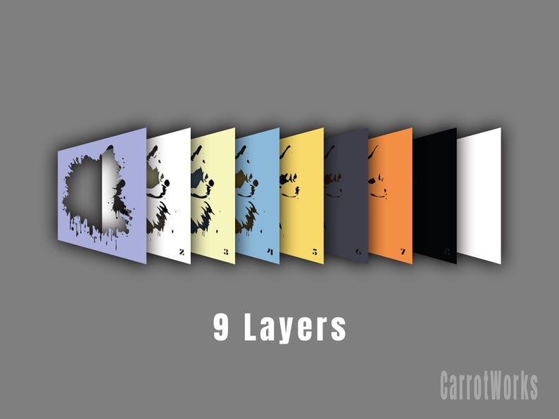 May include: A graphic design showing nine layered panels in different colours, each with a silhouette of an animal head and ink splatter effects. The text "9 Layers" is below the panels, with "CarrotWorks" in the bottom right.