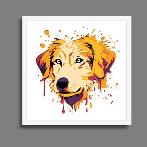 May include: A framed art print featuring a stylized dog portrait. The dog's head is rendered in a vibrant, pop art style with shades of yellow, orange, and purple. The artwork has a white border and is set against a gray background.