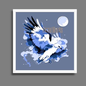 Peut inclure: Une impression d'art encadrée représentant un aigle stylisé en vol sur fond bleu. L'œuvre utilise des nuances de bleu et de blanc, avec une pleine lune et des étoiles. Le nom de l'artiste, "CarrotWorks", est visible.