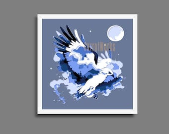 May include: A framed art print depicting a stylized eagle in flight, set against a blue backdrop. The artwork uses shades of blue and white, with a full moon and stars. The artist's name, "CarrotWorks", is visible on the print.