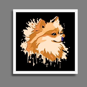 May include: A framed print showing a stylized illustration of a Pomeranian dog. The dog is rendered in shades of orange and cream against a black backdrop with paint splatter effects. The artwork is set within a white frame.