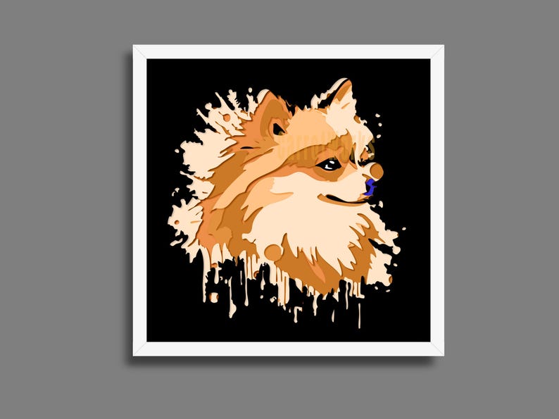May include: A framed print showing a stylized illustration of a Pomeranian dog. The dog is rendered in shades of orange and cream against a black backdrop with paint splatter effects. The artwork is set within a white frame.