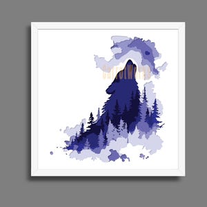 May include: A framed art print featuring a silhouette of a howling wolf against a backdrop of a forest and clouds. The artwork uses shades of blue and white, creating a layered effect. The print is in a white frame.