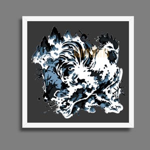 May include: A framed art print featuring a rooster illustration. The artwork uses a palette of white, black, and shades of blue. The rooster is depicted with a stylized, abstract design, set against a dark gray background.