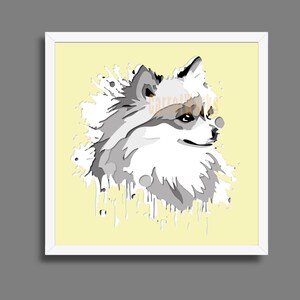 May include: A framed art print depicting a Pomeranian dog in a stylized illustration. The artwork uses shades of grey, white, and brown against a pale yellow background. The dog's fur has a textured, watercolour-like effect.