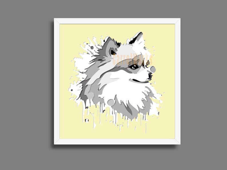 May include: A framed art print depicting a Pomeranian dog in a stylized illustration. The artwork uses shades of grey, white, and brown against a pale yellow background. The dog's fur has a textured, watercolour-like effect.