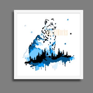 May include: White framed art print featuring a stylized cheetah design. The cheetah is depicted with black spots and a blue mountain and forest scene. The artwork includes blue stars and the text "Art Works".