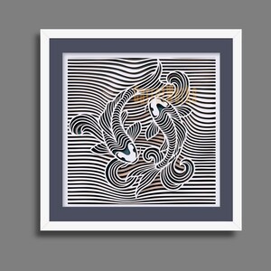 May include: A square framed wall art piece featuring a layered paper cut design of two koi fish swimming in a circular motion. The fish and background are composed of black and white horizontal lines, creating a high-contrast, optical illusion effect.