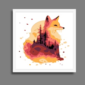 Puede incluir: Una impresión artística enmarcada que presenta una ilustración estilizada de un zorro. El zorro está representado en tonos naranja y amarillo, con una escena de bosque superpuesta en su forma. La obra de arte tiene un borde blanco y un fondo gris.