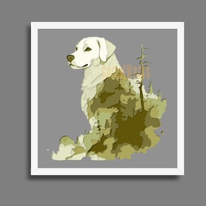 May include: A framed art print featuring a white dog with a forest scene incorporated into its form. The artwork uses shades of green and brown to depict the trees and landscape, set against a gray background.