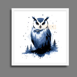 May include: A framed art print featuring a stylized owl illustration in shades of blue and white. The owl is perched above a dark forest silhouette, with a scattering of stars. The artwork is set against a white background.