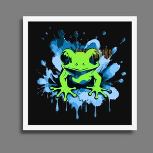 Puede incluir: Una impresión artística enmarcada con una vibrante ilustración de una rana verde. La rana se encuentra sobre un fondo de salpicaduras de agua azul sobre un fondo negro. La obra de arte tiene un estilo gráfico moderno.
