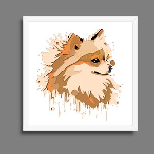 May include: A framed print showing a stylized illustration of a Pomeranian dog. The artwork uses shades of brown, tan, and white, with a watercolour-like effect. The dog's profile is depicted against a white background.