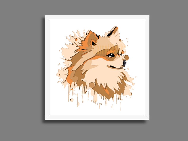 May include: A framed print showing a stylized illustration of a Pomeranian dog. The artwork uses shades of brown, tan, and white, with a watercolour-like effect. The dog's profile is depicted against a white background.