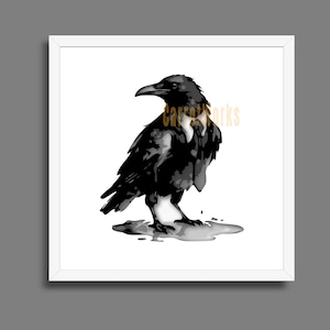 May include: Black and white watercolor painting of a crow in a white frame. The crow is depicted in a semi-realistic style, with detailed feathers and a strong beak. The artwork is set against a white background.