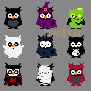 May include: Nine cartoon owl illustrations in various Halloween costumes. The owls are in black, white, green, and red, with costumes including a witch, zombie, mummy, and vampire. The owls have large eyes and orange beaks, set against a gray background.