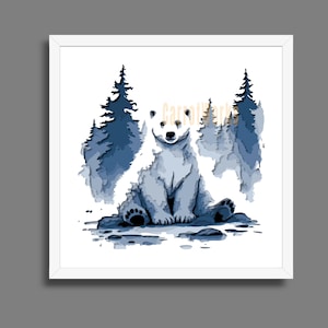 May include: A watercolour painting of a polar bear in a forest setting. The bear is white with dark paws and a black nose. The forest is depicted with blue and grey trees. The artwork is framed in a white square frame.