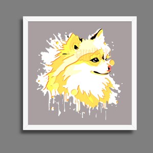 May include: A framed print of a dog's head, rendered in a stylized illustration. The dog has yellow and white fur, set against a grey background with paint splatter effects. The artwork is presented in a white frame.