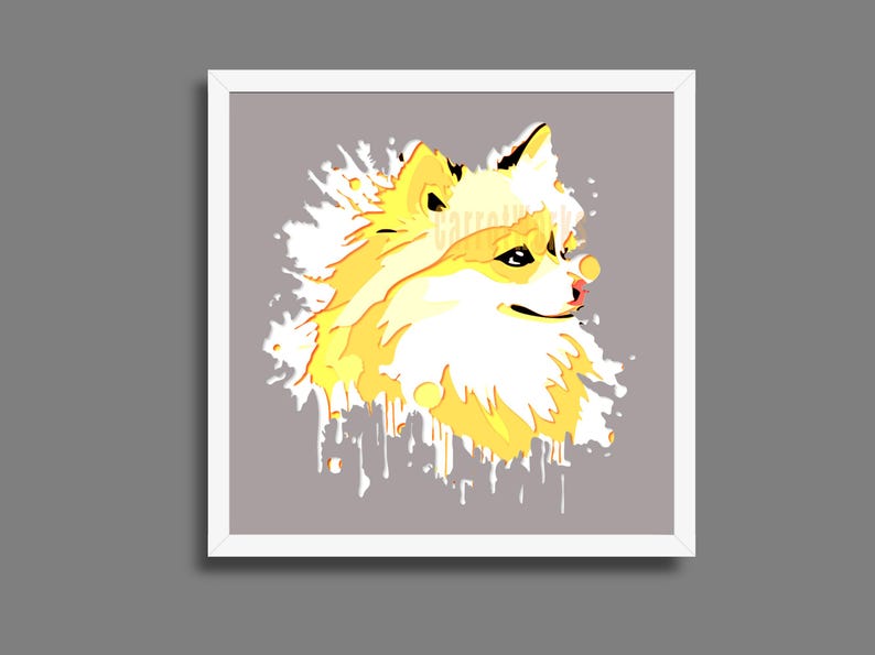 May include: A framed print of a dog's head, rendered in a stylized illustration. The dog has yellow and white fur, set against a grey background with paint splatter effects. The artwork is presented in a white frame.