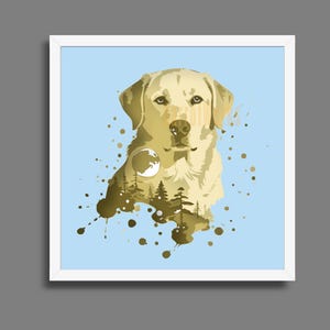 May include: A framed art print featuring a golden Labrador Retriever illustration. The dog's image is overlaid with a forest and globe design, set against a light blue background. The artwork is framed in a white border.