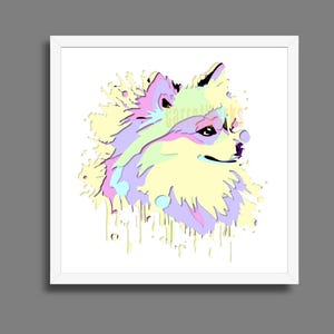May include: A framed print showing a dog's head and shoulders in a pop art style. The artwork uses pastel colours, including yellow, pink, and purple, against a white background. The dog's fur is rendered with textured brushstrokes.