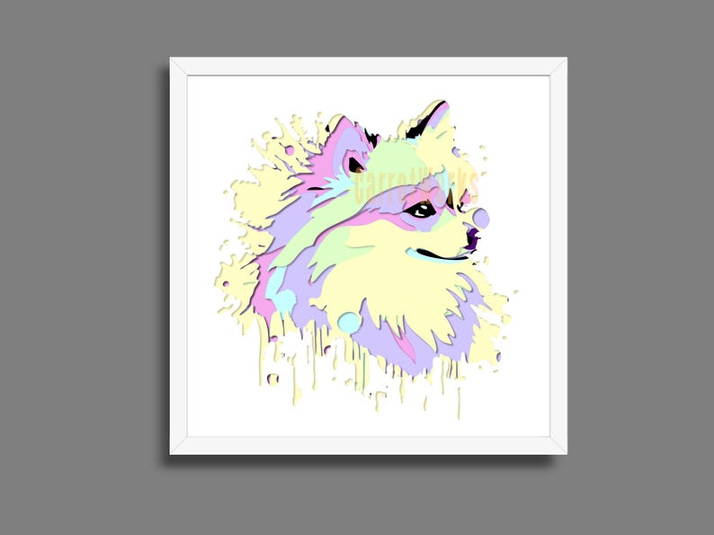 May include: A framed print showing a dog's head and shoulders in a pop art style. The artwork uses pastel colours, including yellow, pink, and purple, against a white background. The dog's fur is rendered with textured brushstrokes.