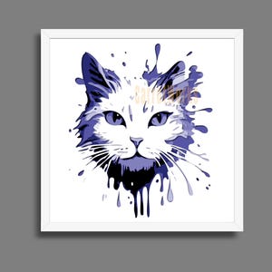 May include: A framed print of a cat's face, rendered in a stylized, artistic manner. The cat is depicted with a white face and blue details, with a paint splatter effect. The artwork is set against a white background.