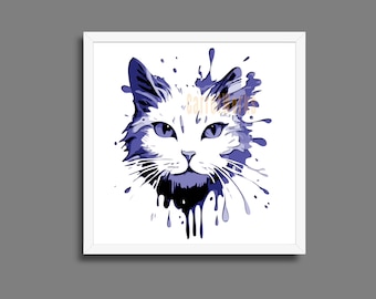 Può includere: Stampa artistica incorniciata con un ritratto stilizzato di un gatto. Il volto del gatto è bianco con dettagli blu, inclusi gli occhi e un effetto di schizzi di vernice intorno alla testa. L'opera è su sfondo bianco.