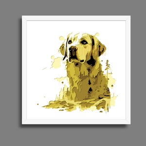 May include: A framed print featuring a stylized illustration of a golden Labrador Retriever. The artwork uses a limited color palette of yellow, gold, and white, creating a striking visual effect. The dog is depicted in a seated position, with a focus on its head and upper body.