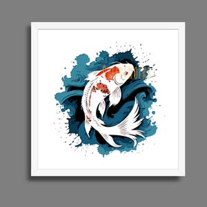 Pode incluir: Uma impressão artística emoldurada com um peixe koi estilizado. O peixe é branco com marcas laranja e vermelhas, em um fundo de água azul e respingos. A obra de arte é emoldurada em uma moldura quadrada branca.