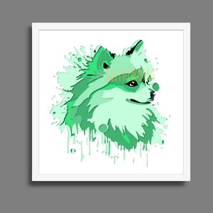 May include: A framed art print showing a green stylized illustration of a dog's head. The artwork uses a watercolour effect with paint splatters around the dog's head, set against a white background.