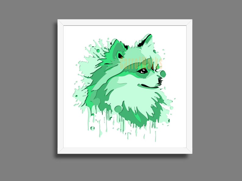 May include: A framed art print showing a green stylized illustration of a dog's head. The artwork uses a watercolour effect with paint splatters around the dog's head, set against a white background.